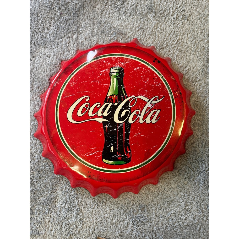 Coca-Cola Unisex Vintage Bottle Cap Wall Sign 15.75in Red Distressed Metal